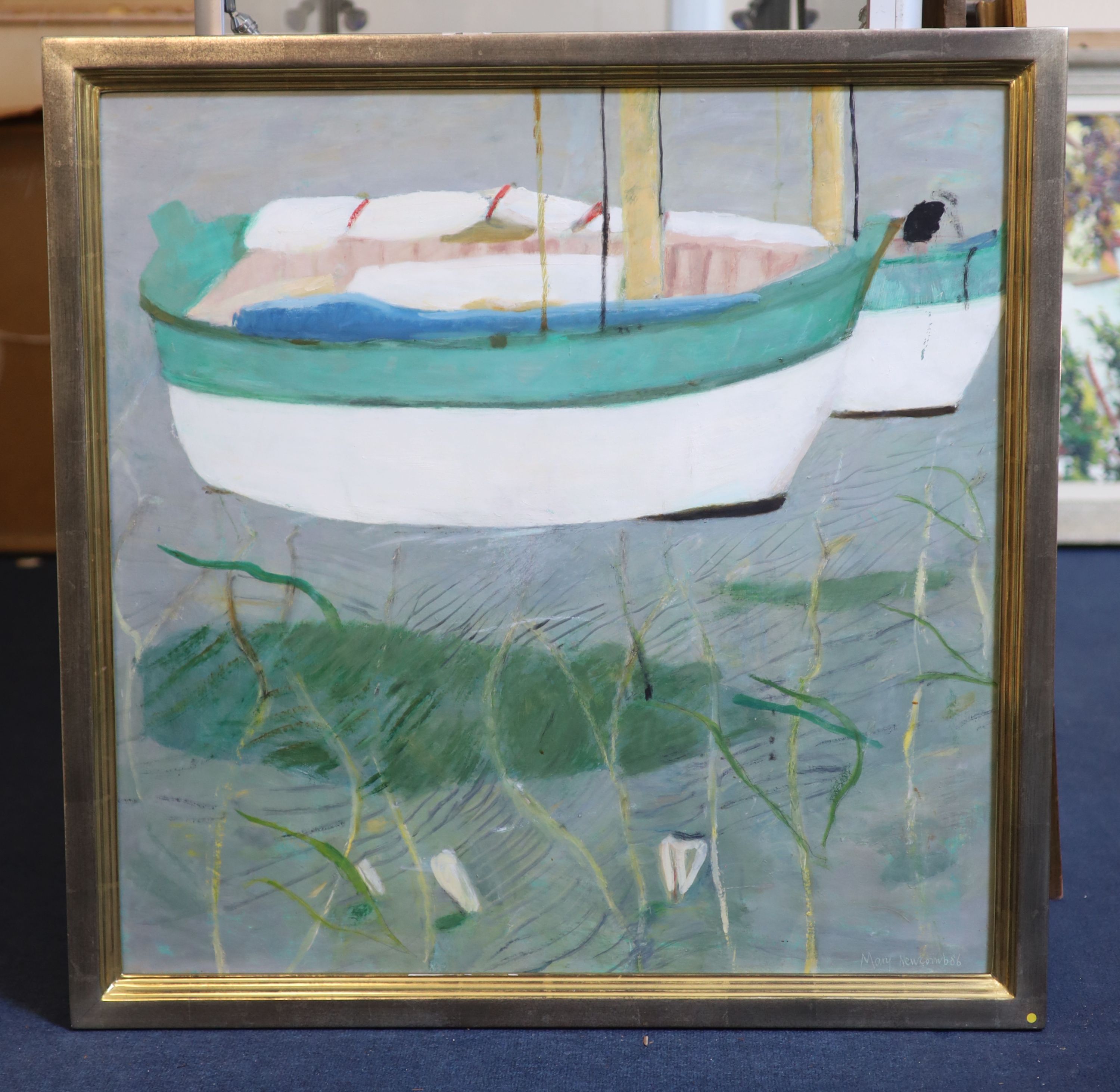 Mary Newcomb (1922-2008), Boats on transparent water, oil on board, 75 x 74cm.